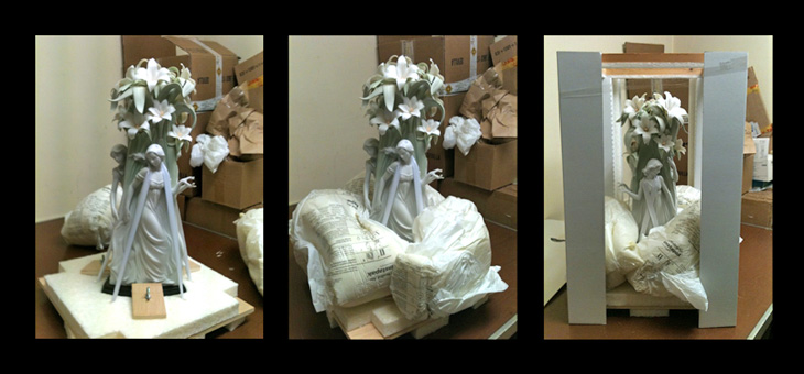 Stages in packing of porcelain figurine
